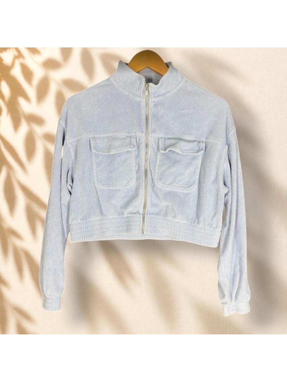 Aerie Jacket Women M Medium Blue Full Zip Collared Long Sleeve Cropped Pockets